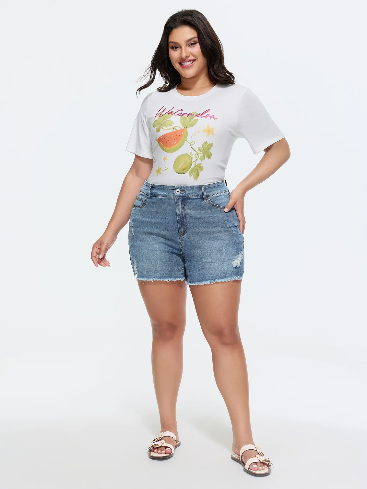 Stretchy Mid-Rise Raw Hem Denim Shorts