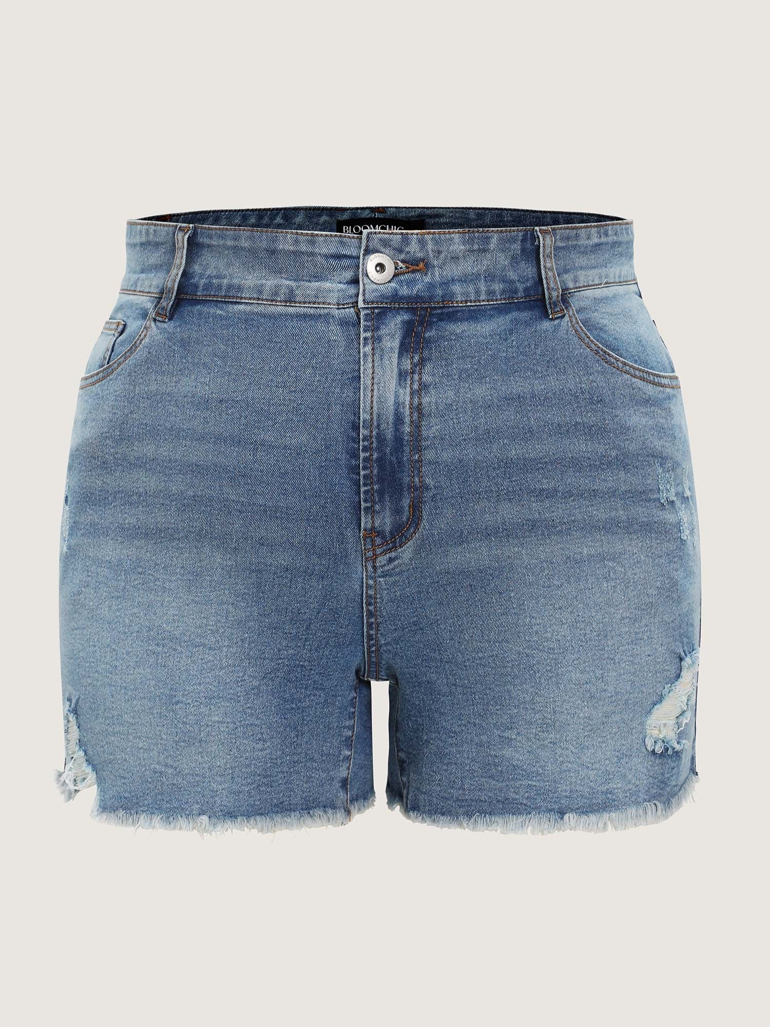 Stretchy Mid-Rise Raw Hem Denim Shorts - Image 9