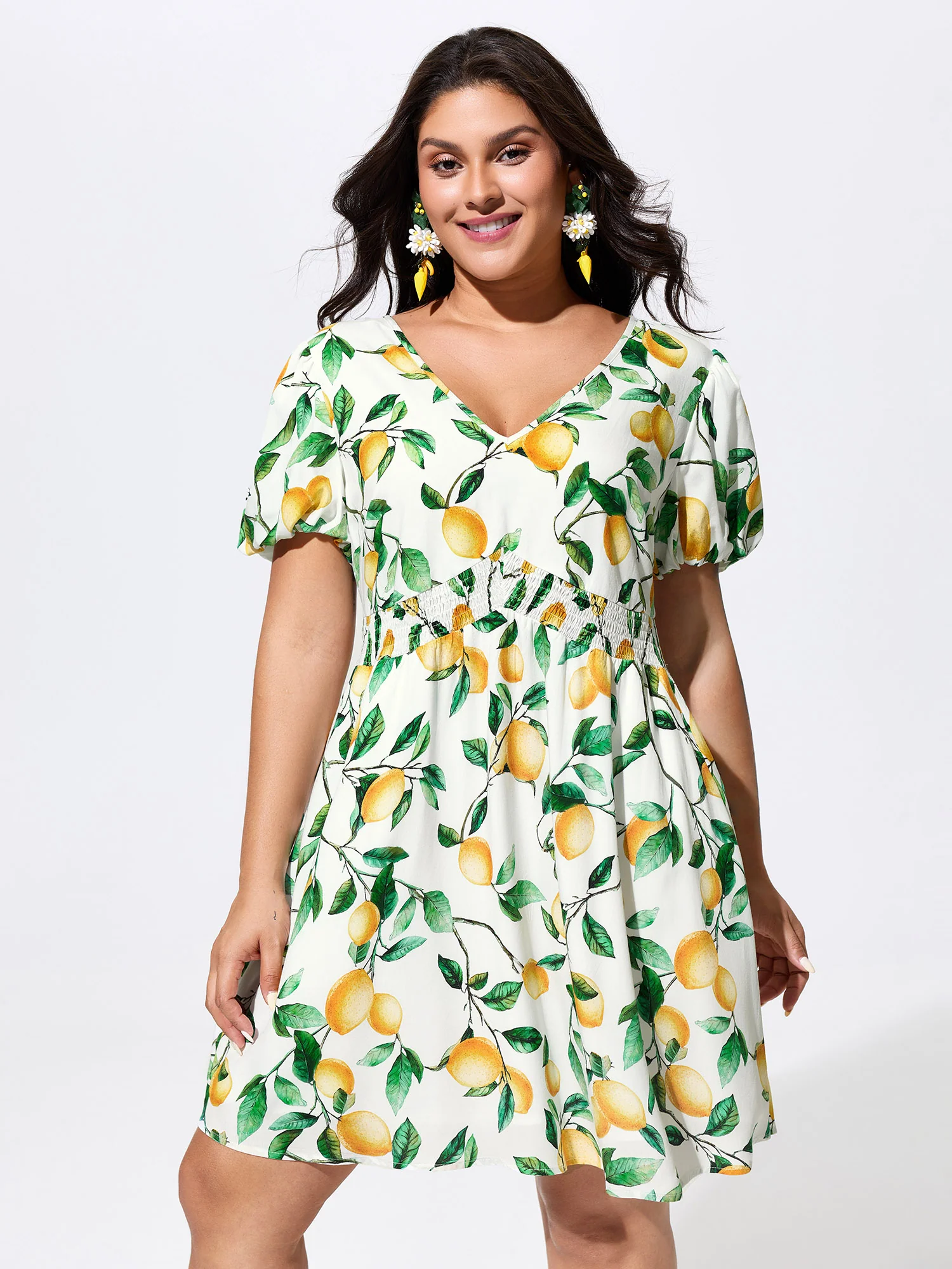 Supersoft Lemon Print Shirred Waist Mini Dress - Image 2