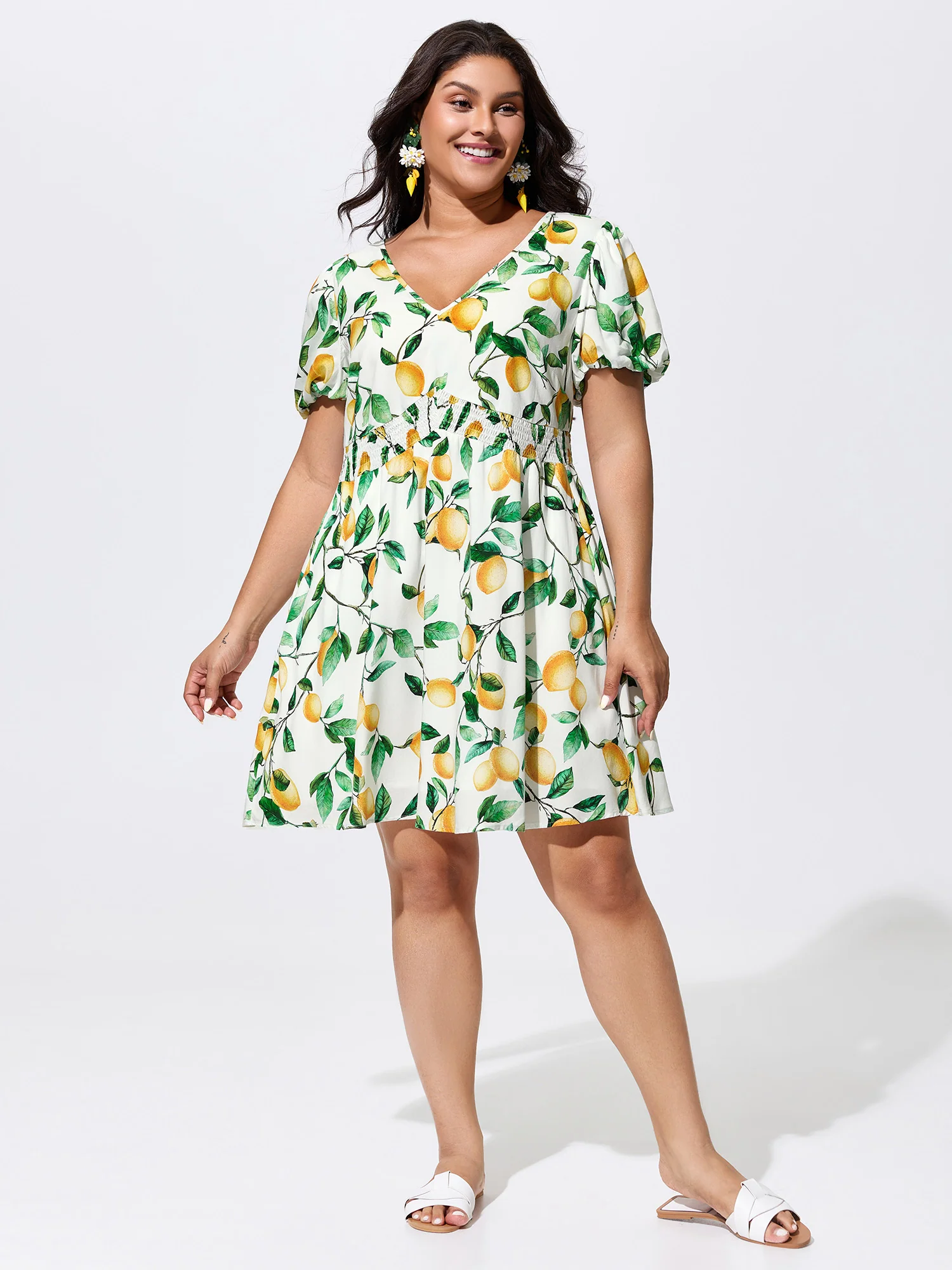 Supersoft Lemon Print Shirred Waist Mini Dress - Image 4