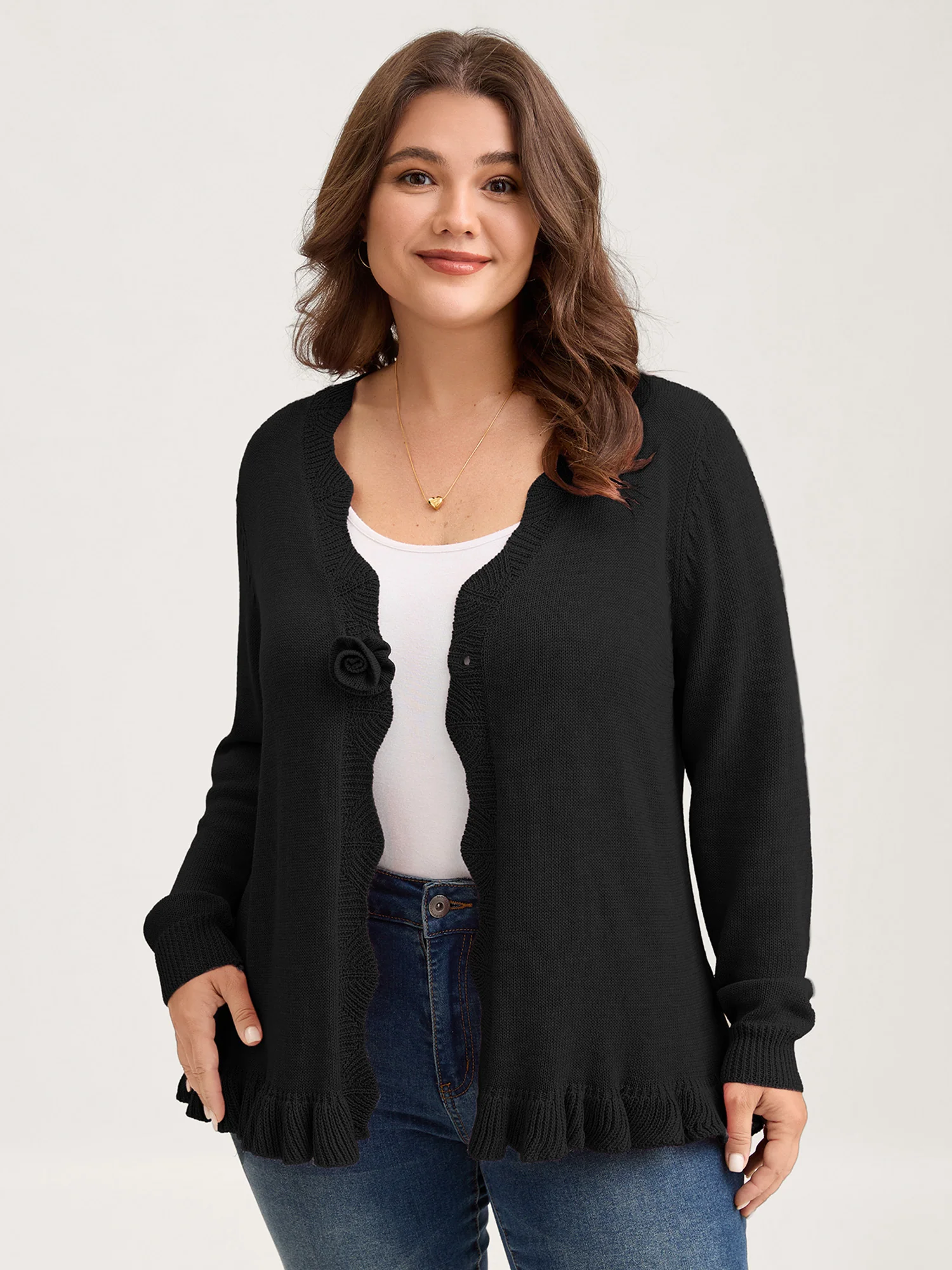 Supersoft Textured Floral Button Ruffled Hem Knit Cardigan - Image 2