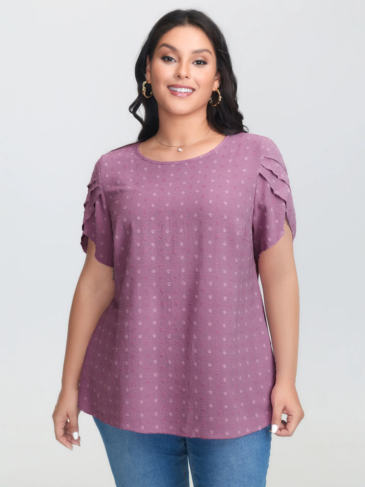 Textured Color Contrast Petal Sleeve Blouse - Image 10