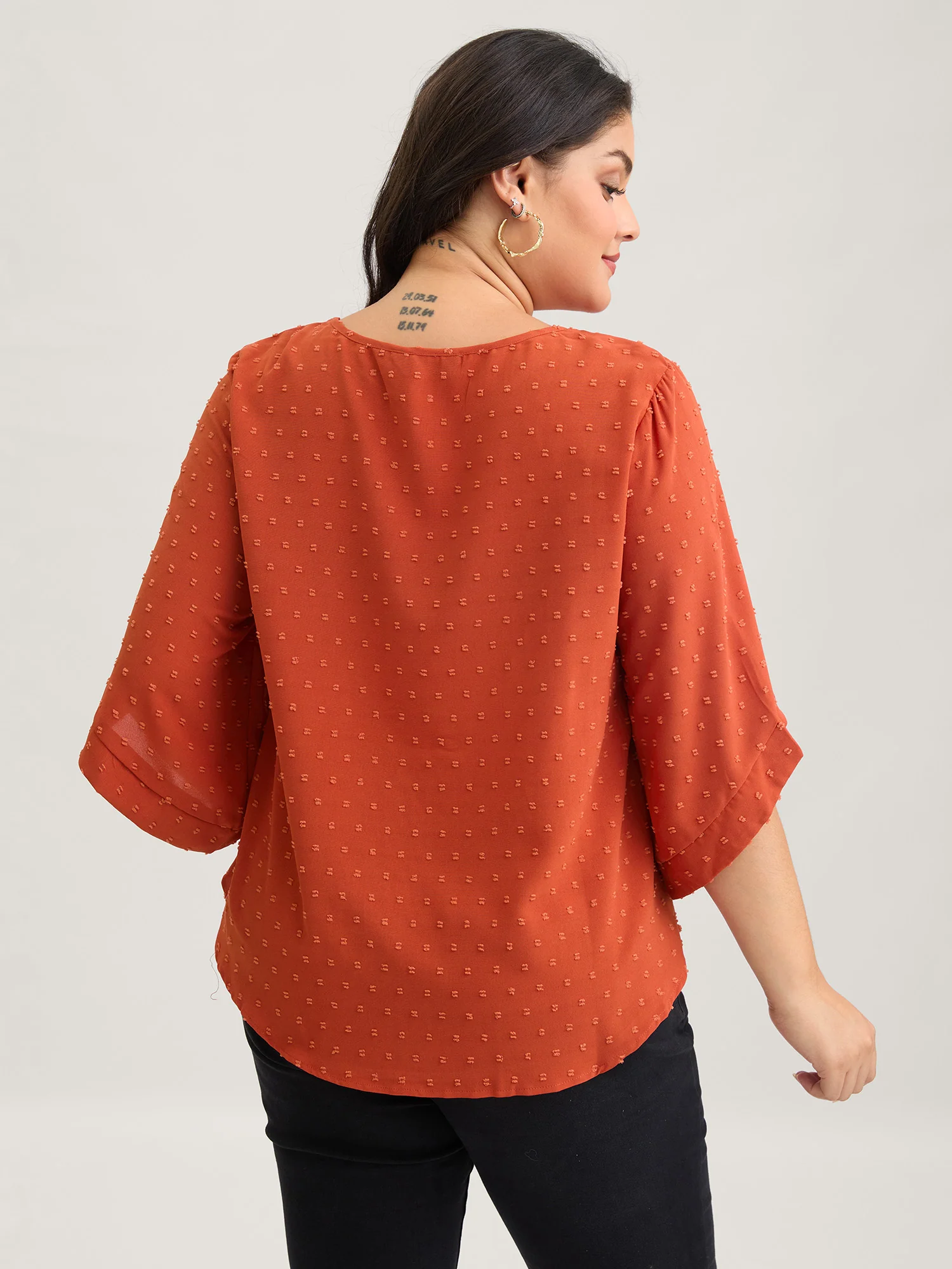 Textured Round Neck Bell Sleeve Blouse - Image 4