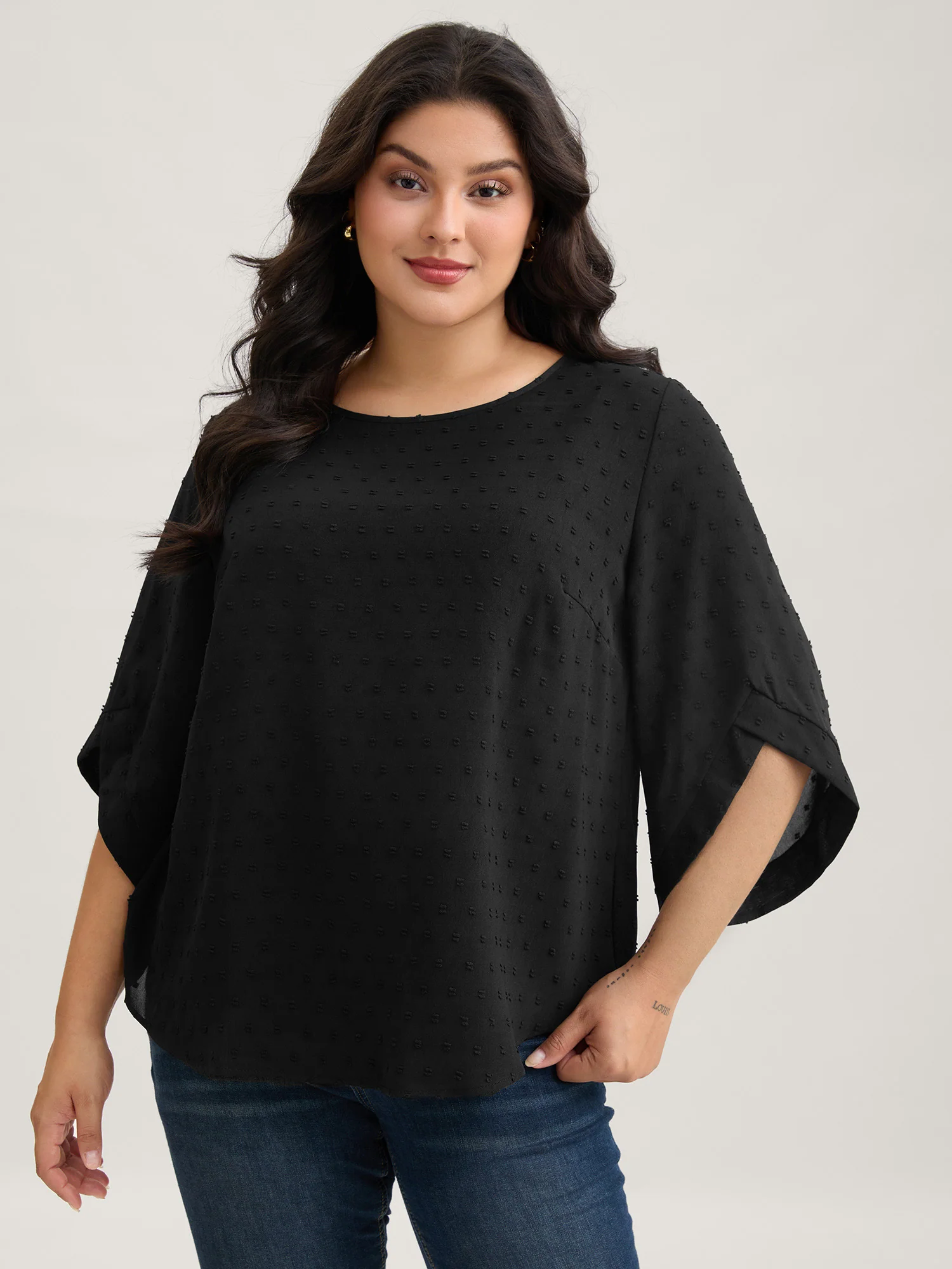 Textured Round Neck Bell Sleeve Blouse - Image 8