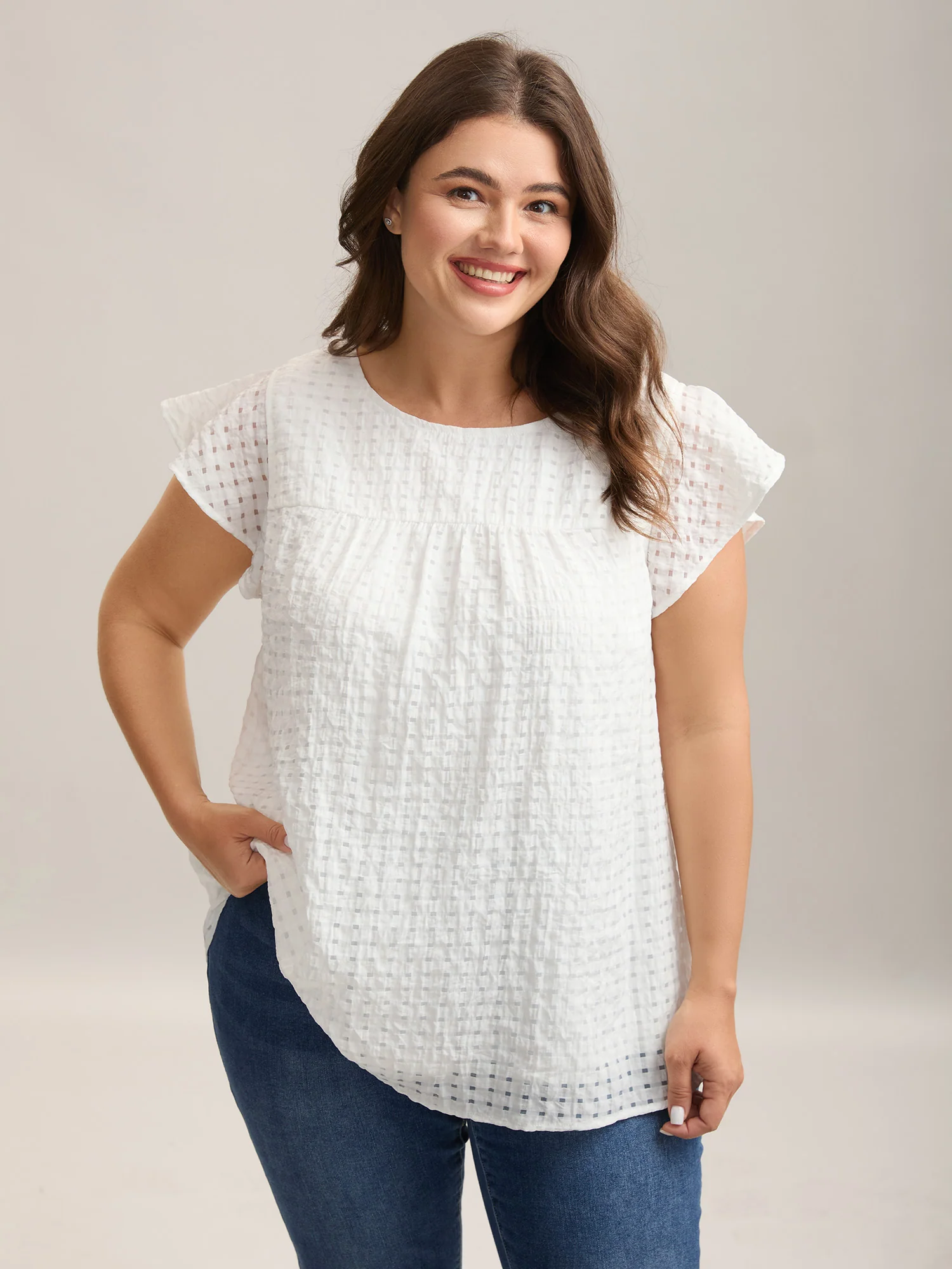 Textured Sheer Lined Flutter Sleeve Blouse - Image 5