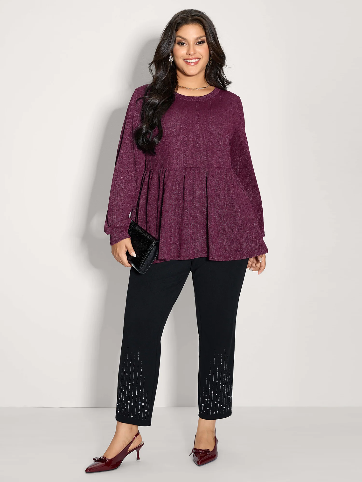 Textured Stretchy Flared Knit Top - Image 11