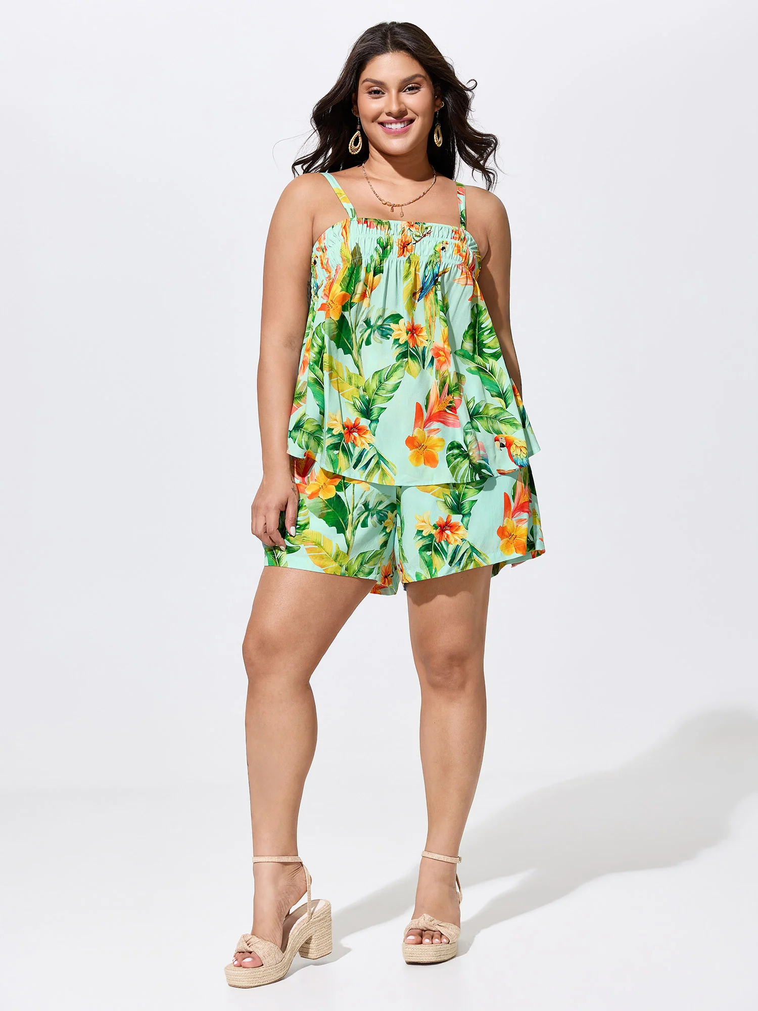Tropical Breeze Print Shirred Neckline Tank Top - Image 3