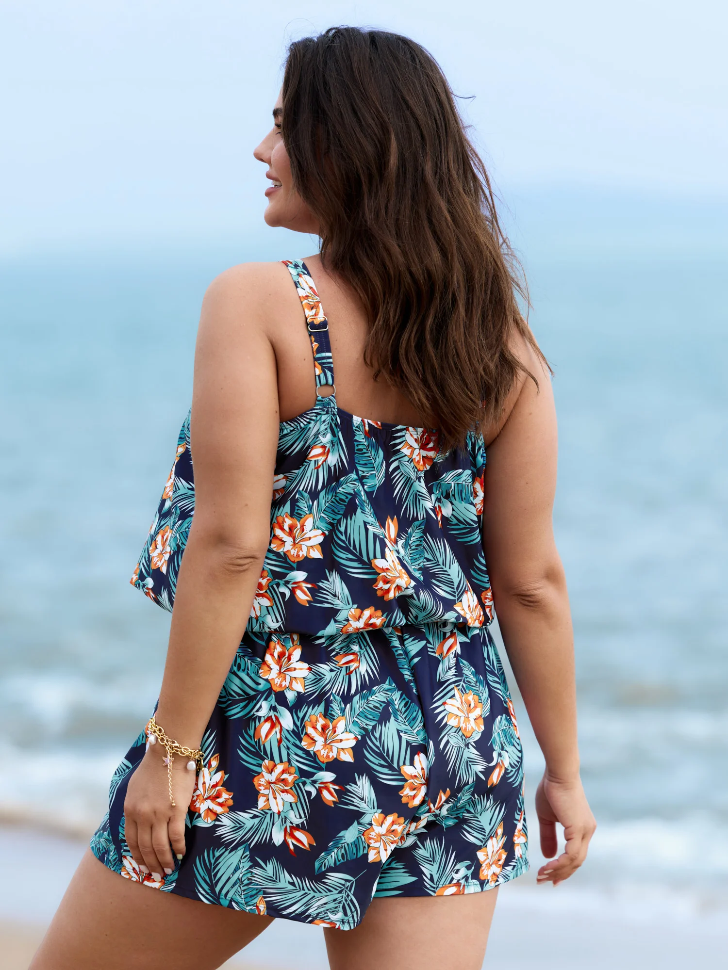 Tropical Flower Print Pockets One-Piece Swimsuit - Image 42