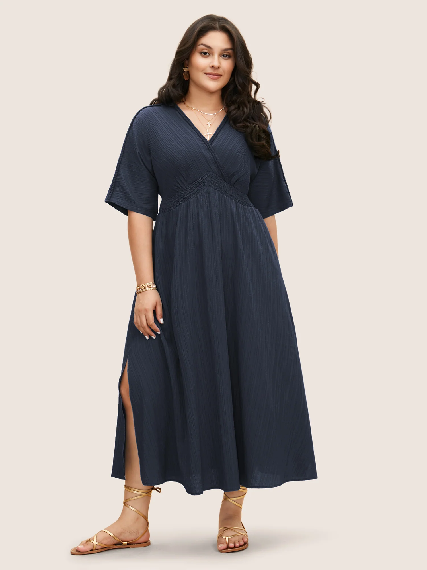 V Neck Shirred Contrast Webbing Split Side Dress - Image 13