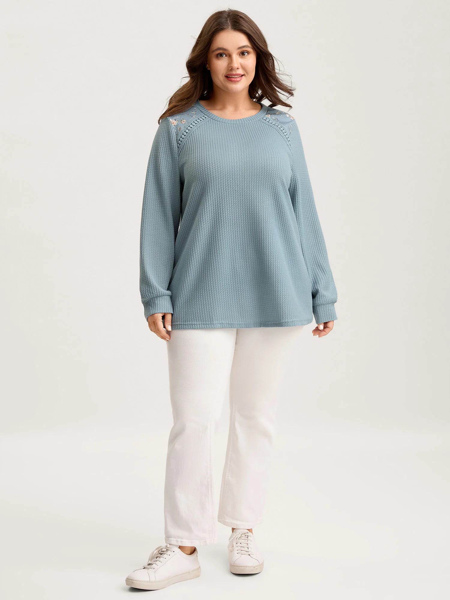 Waffle Spliced Floral Lace Sweatshirt - Image 7